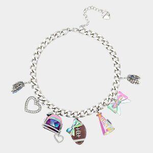 NWT$148 BETSEY JOHNSON Football Charms Necklace Glass Crystal Silver Tone Girly